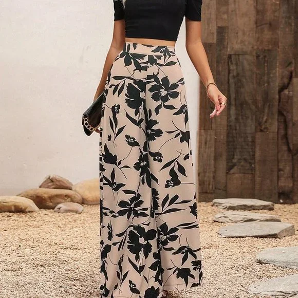 Khaki Casual Women's Puff Sleeve Top Flower Printed Wide Leg Pants Two Piece Set - Picture 1 of 5